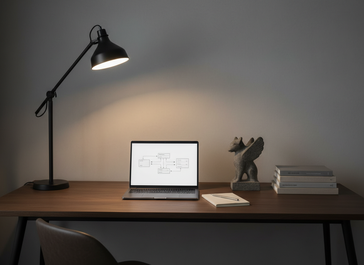 Un rincón de estudio minimalista con un escritorio oscuro frente a una pared gris suave. Sobre el escritorio, una laptop abierta con pantalla luminosa que muestra un esquema de bloques y flechas sin texto, junto a una libreta fina y un lápiz metálico. A un lado, una pila pequeña de libros de tapa neutra, sin títulos visibles, y una escultura abstracta de piedra que sugiere una figura mítica sin ser literal. Luz cálida de lámpara de escritorio cae desde arriba a la izquierda, creando un cono de claridad sobre el espacio de trabajo. Fotografía realista, encuadre ligeramente lateral, atmósfera sofisticada, silenciosa y concentrada, ideal para divulgación cultural contemporánea.